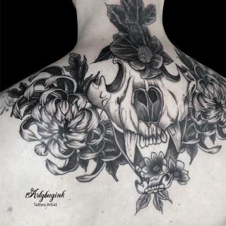 Wolf skull flowers tattoo by Artybugink